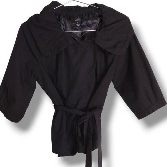Aziz‎ Women's Black Jacket Cotton Stretch 3/4 Sleeves Front Fasteners Loose Belt - Picture 1 of 15